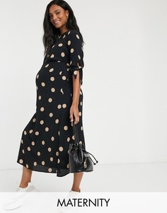 Черное чайное платье миди в горошек с завязками на рукавах New Look Maternity-Черный