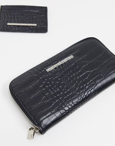Подарочный набор из бумажника и кошелька для карт черного цвета с лакированной отделкой под кожу крокодила French Connection-Черный