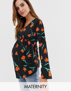 Блузка с цветочным принтом, запахом и расклешенными рукавами Influence Maternity-Черный