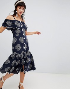 Платье миди с открытыми плечами и вышивкой River Island-Темно-синий