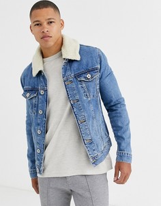 Синяя джинсовая куртка с воротником из искусственного меха River Island-Синий