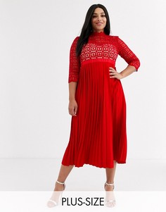 Красное кружевное платье миди с рукавами 3/4 Little Mistress Plus-Красный