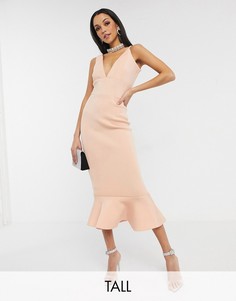 Розовое платье миди с глубоким вырезом и оборками Missguided Tall-Розовый