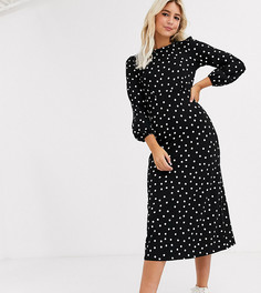 Платье миди в горошек с длинными рукавами и завязкой на талии New Look-Черный
