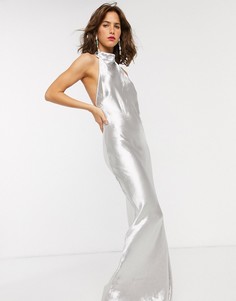 Атласное платье макси с халтером Pretty Lavish-Серебряный
