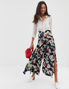 Темно-синие брюки палаццо с цветочным принтом QED London-Мульти