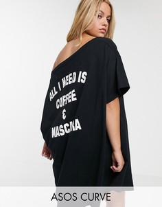 Пижама с надписью \"all I need is coffee & mascara\" ASOS DESIGN Curve-Черный