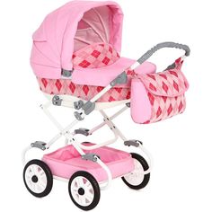 Коляска для кукол Gusio Синтия розовый с ромбами