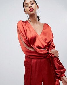 Атласный боди от комплекта с длинными рукавами и запахом ASOS DESIGN-Оранжевый