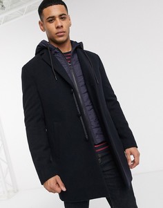 Шерстяное пальто с отстегивающимся капюшоном Esprit-Темно-синий