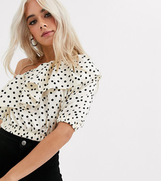 Кроп-топ на одно плечо в горошек с оборкой Topshop Petite-Белый