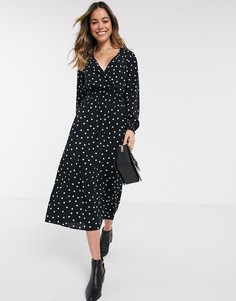 Черное платье макси в горошек с V-образным вырезом New Look-Черный