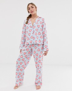 Классический пижамный комплект с принтом сердец с брюками из 100% модала ASOS DESIGN-Мульти