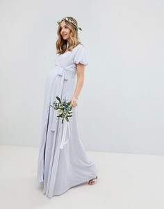 Платье макси с запахом, поясом и пышными рукавами TFNC Maternity-Серый