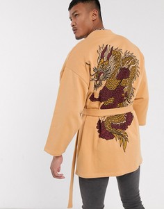 Светло-бежевое трикотажное кимоно с принтом дракона на спине ASOS DESIGN-Бежевый