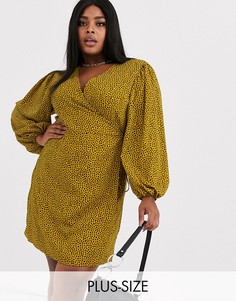 Платье в далматинский горошек с запахом и объемными рукавами Glamorous Curve-Желтый