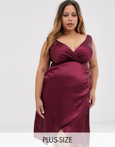 Атласное платье миди винного цвета на бретельках с запахом AX Paris Plus-Красный