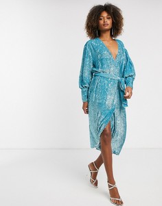 Платье миди с пайетками и запахом ASOS EDITION-Синий
