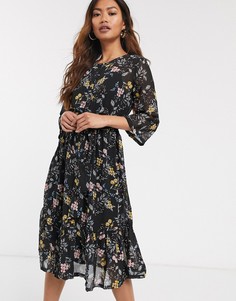 Черное шифоновое платье миди с цветочным принтом JDY-Мульти