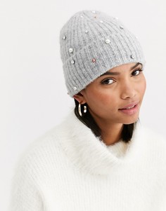 Серая шапка-бини с искусственным жемчугом Accessorize-Серый