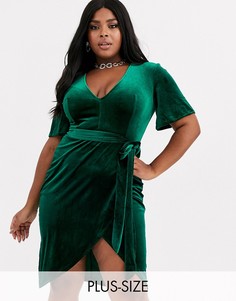 Бархатное платье с глубоким вырезом и запахом Club L London Plus-Зеленый