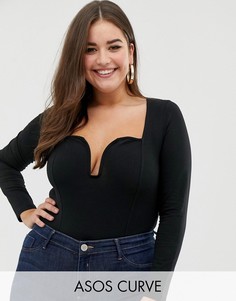 Боди с длинными рукавами и глубоким вырезом ASOS DESIGN Curve-Черный