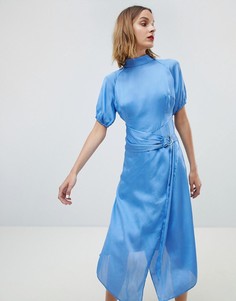 Атласное платье миди с вырезом под горло и поясом Lost Ink-Синий