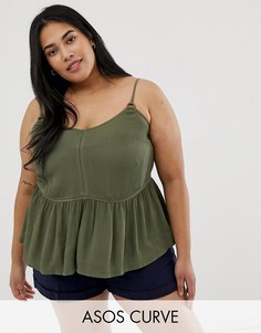 Топ на бретелях с кружевными вставками и кольцом ASOS DESIGN Curve-Зеленый