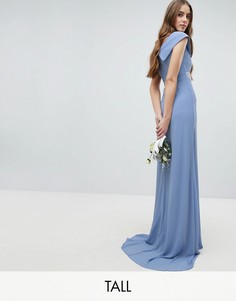 Платье макси с широким вырезом и отделкой на талии TFNC Tall Bridesmaid-Синий