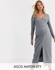 Платье макси из вафельного трикотажа на пуговицах ASOS DESIGN Maternity-Серый