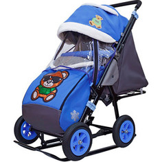 Санки коляска GALAXY SNOW City-1-1 Зелёный Мишка на синем на больших надувных колёсах+сумка+варежки