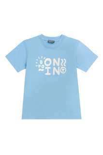 Голубая хлопковая футболка с надписью Bonpoint