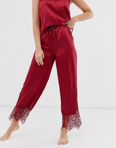 Бордовые атласные пижамные брюки с кружевной отделкой Loungeable-Красный