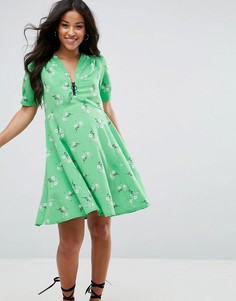 Чайное платье миди с короткими рукавами, цветочным принтом и молнией ASOS Maternity-Зеленый