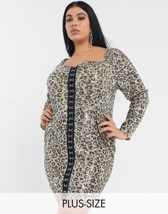 Декорированное пайетками платье мини с леопардовым принтом, крючками и квадратным вырезом Pretty Darling Plus-Мульти