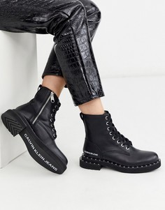 Черные ботильоны с заклепками, шнуровкой и массивной подошвой Calvin Klein-Черный