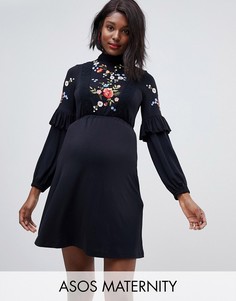 Свободное платье с высоким воротом и вышивкой ASOS DESIGN Maternity-Черный