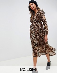 Платье миди с запахом и леопардовым принтом Glamorous Bloom-Коричневый