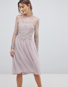 Короткое приталенное платье с длинными рукавами и высоким воротом Little Mistress-Розовый