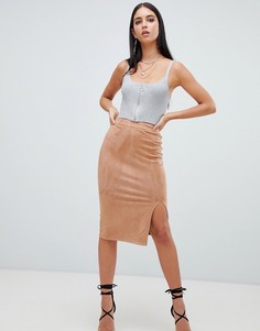 Бежевая юбка миди из искусственной замши с разрезом Missguided-Бежевый