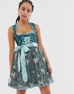 Платье-дирндль для Октоберфеста с кружевным фартуком и отделкой пайеткми Dirndlalm-Синий Marjo