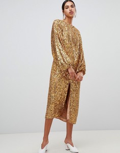 Платье миди с пайетками и пышным рукавом на манжете ASOS EDITION-Золотой