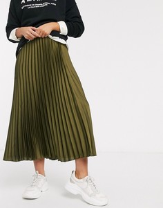 Атласная плиссированная юбка миди цвета хаки New Look-Зеленый