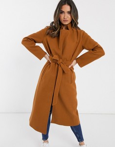 Длинное шерстяное пальто с завязкой на талии In The Style-Бежевый