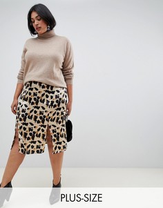 Атласная юбка миди с леопардовым принтом и разрезами Influence Plus-Коричневый