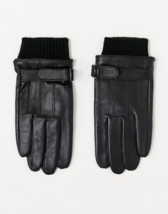 Черные кожаные перчатки для сенсорных экранов с манжетами ASOS DESIGN-Черный