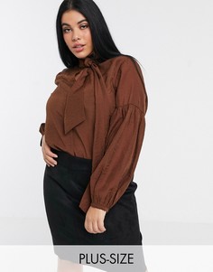 Блузка шоколадного цвета с завязкой и объемными рукавами Only Curve-Коричневый