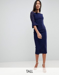 Кружевное платье миди с открытыми плечами и расклешенными рукавами Little Mistress Tall-Темно-синий