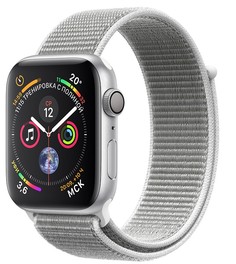 Умные часы Apple Watch Series 4, 44 мм, корпус из серебристого алюминия, спортивный браслет цвета «белая ракушка» (серебристый)