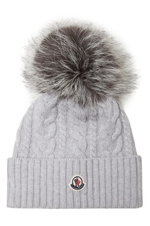 Серая шапка с косами и меховым помпоном Moncler